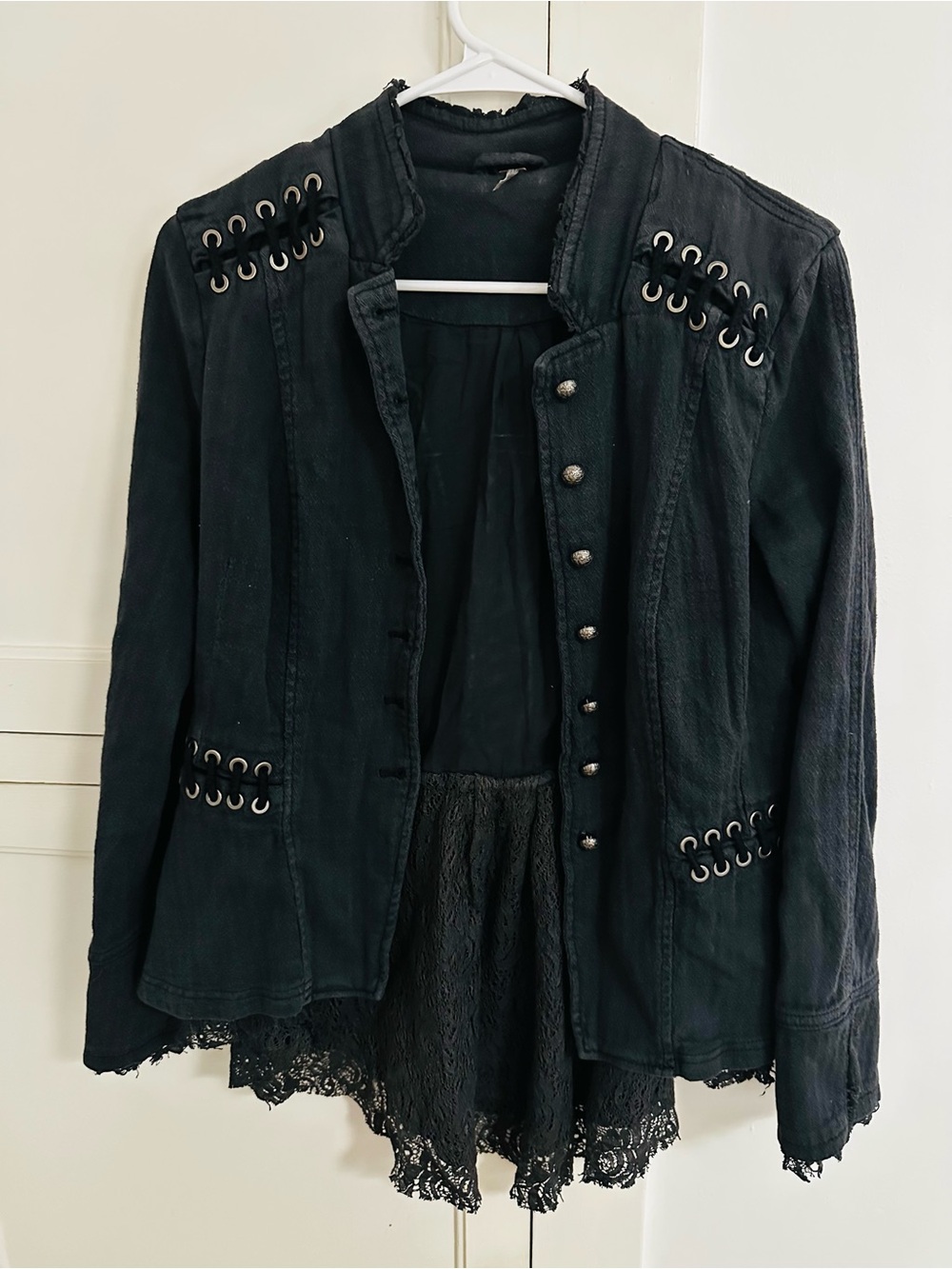 Free People Black Lace-Trim Military-Inspired Jacket